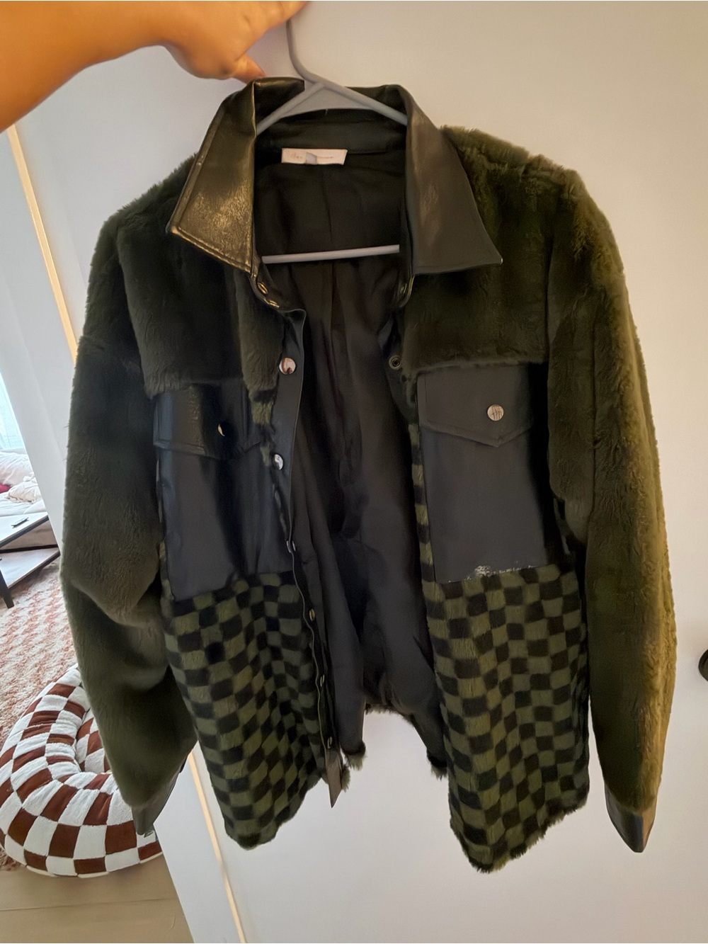 Dark Green Checkered Sherpa and Faux Leather Bomber